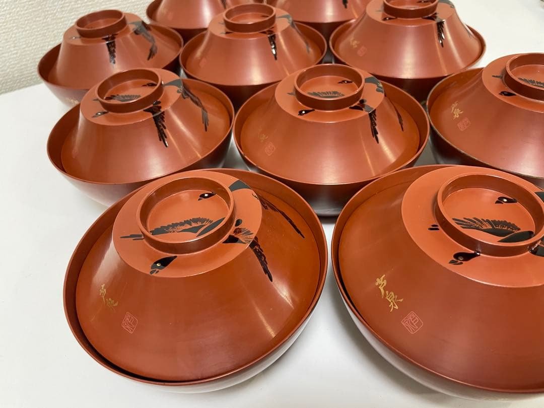 漆器 懐石道具 芦泉謹製 木製溜塗 雑煮椀 吸物椀 10客揃 内朱 鶴 鳥柄